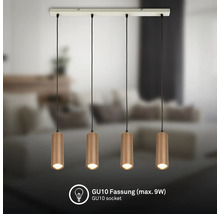 Vierflammige Pendelleuchte mit vertikal gerippten, zylindrischen Schirmen und GU10 Fassungen für maximal 9 Watt Leuchtmittel.