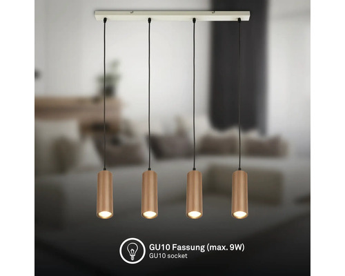 Vierflammige Pendelleuchte mit vertikal gerippten, zylindrischen Schirmen und GU10 Fassungen für maximal 9 Watt Leuchtmittel.