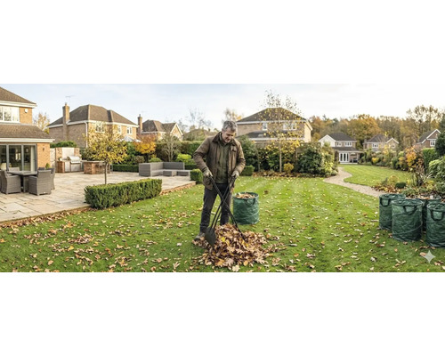 Ein Mann sammelt mit einem Laubgreifer Herbstlaub in einem Garten mit Rasen, Terrasse und mehreren grünen Gartenabfallsäcken.