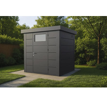Modernes Gartenhaus aus Metall in Anthrazit mit Flachdach und Tür mit Fenster auf Steinfundament im Garten.