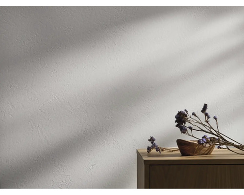 Strukturierte Wand mit Putzoptik, Holzkommode mit Holzschale und Trockenblumen, Lichteinfall mit Schatten.