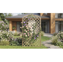 Holz-Rankgitter mit Rundbogen im Garten, bewachsen mit Kletterrosen und Clematis vor einem Haus.