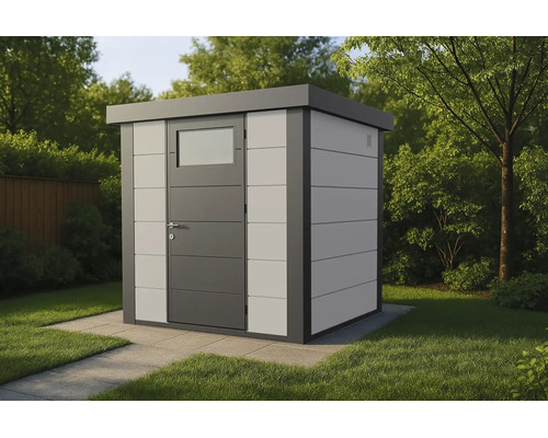 Modernes Gartenhaus mit Flachdach und verglaster Tür aus Metall, auf Steinplatten in einem Garten aufgestellt.