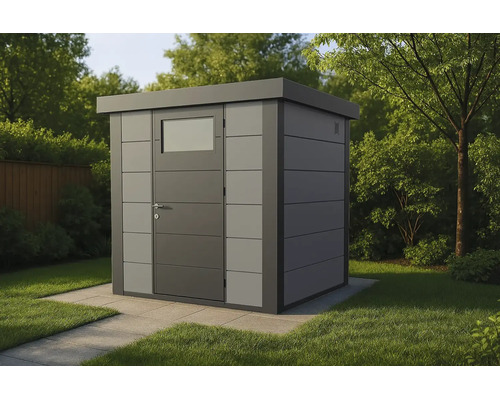 Modernes Gartenhaus aus Metall mit Flachdach, Einzeltür inklusive Fenster, auf Steinplatten in einem Garten.