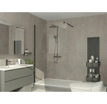 Modernes Badezimmer mit begehbarer Dusche, Glastrennwand, schwarzem Duschsystem, grauem Waschtischunterschrank und schwarzem Badheizkörper.