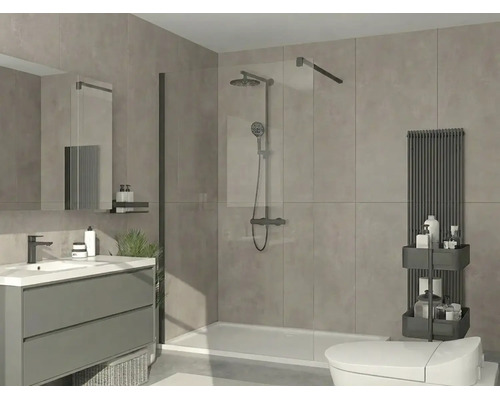Modernes Badezimmer mit begehbarer Dusche, Glastrennwand, schwarzem Duschsystem, grauem Waschtischunterschrank und schwarzem Badheizkörper.