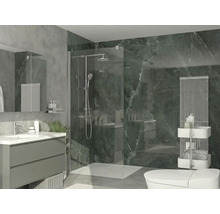 Modernes Badezimmer mit begehbarer Glasdusche, Waschtischunterschrank, Wandfliesen in dunkelgrüner Marmoroptik und vertikalem Heizkörper.