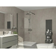 Modernes Badezimmer mit ebenerdiger Dusche, schwarzen Armaturen, grauem Waschtisch und vertikalem Heizkörper vor grauen Wandfliesen.