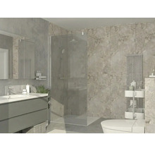 Modernes Badezimmer mit bodengleicher Dusche aus Glas, Waschtisch mit Unterschrank, Wandfliesen in Steinoptik und Designheizkörper.