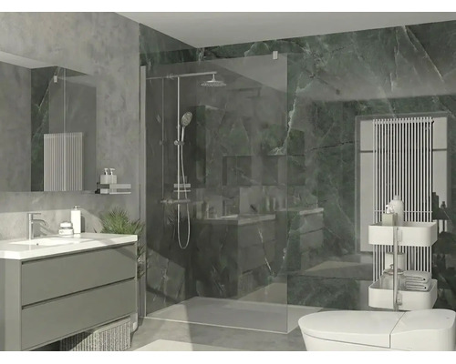 Modernes Badezimmer mit ebenerdiger Glasdusche, Duschsystem, grauem Waschtisch und grünen Fliesen in Marmoroptik.