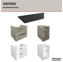 Fackelmann Badmöbel OXFORD Baukastenprinzip mit Waschtischunterschränken, Wandregalen und Abdeckplatte.