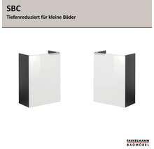 Fackelmann Badmöbel Logo, SBC wandhängender Badschrank mit geringer Tiefe für kleine Bäder in Weiß und Dunkelgrau.