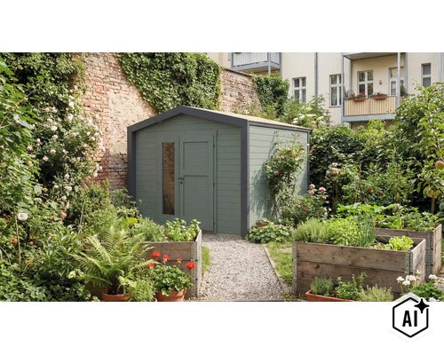 Gartenhaus aus Holz mit Pultdach und verglaster Tür, aufgestellt in einem naturnahen Garten mit Hochbeeten und umgebender Bepflanzung. (Image AI modified or generated)