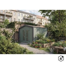 Gartenhaus mit Lamellentüren in einem grünen Garten vor einer alten Ziegelmauer mit Hochbeeten und Pflanzen. (Image AI modified or generated)