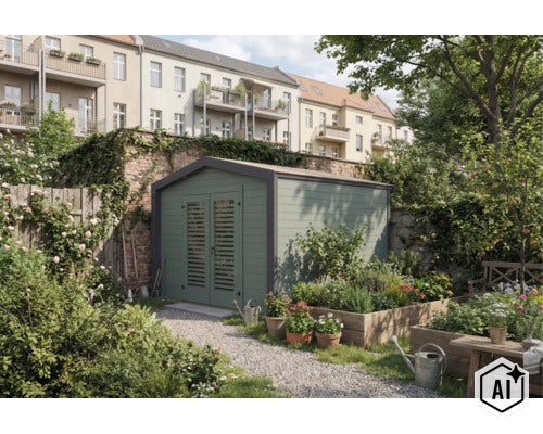 Gartenhaus mit Lamellentüren in einem grünen Garten vor einer alten Ziegelmauer mit Hochbeeten und Pflanzen. (Image AI modified or generated)