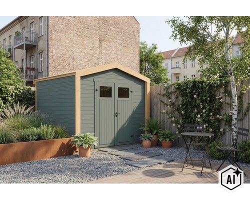 Gartenhaus aus Holz mit Doppeltür und Fenstern im Garten stehend auf einer Kiesschüttung mit angrenzender Holzterrasse. (Image AI modified or generated)