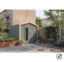 Modernes Gartenhaus aus Holz mit Doppeltür und Glaselement im Garten mit Sitzplatz und Pflanzen. (Image AI modified or generated)