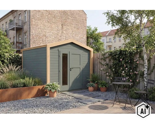Modernes Gartenhaus aus Holz mit Doppeltür und Glaselement im Garten mit Sitzplatz und Pflanzen. (Image AI modified or generated)