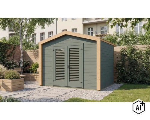 Modernes Gartenhaus aus Holz mit Doppeltür mit Lamellen und Satteldach, aufgestellt in einem gepflegten Garten mit Kiesfläche. (Image AI modified or generated)