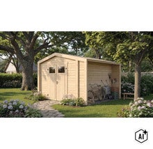 Gartenhaus aus Holz mit Doppeltüren und seitlichem Anbau für Gartengeräte in einem gepflegten Garten mit Blumenbeeten und altem Baumbestand. (Image AI modified or generated)