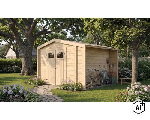 Gartenhaus aus Holz mit Doppeltüren und seitlichem Anbau für Gartengeräte in einem gepflegten Garten mit Blumenbeeten und altem Baumbestand. (Image AI modified or generated)