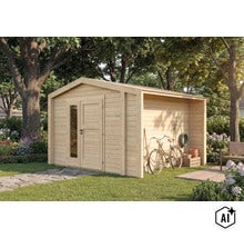 Gartenhaus aus Holz mit integriertem Schleppdach und Doppeltür mit Glaseinsatz im Garten (Image AI modified or generated)