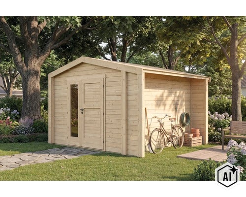 Gartenhaus aus Holz mit integriertem Schleppdach und Doppeltür mit Glaseinsatz im Garten (Image AI modified or generated)