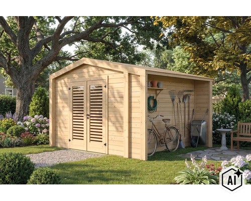 Holzgartenhaus mit Doppeltür und seitlichem Schleppdach zur Lagerung von Fahrrädern und Gartengeräten in einem Garten. (Image AI modified or generated)