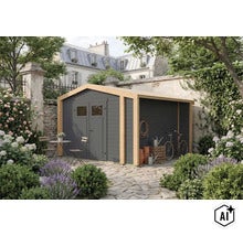 Gartenhaus mit integriertem Schleppdach aus Holz mit grauen Wandelementen und naturbelassenen Pfosten in einem gepflegten Garten. (Image AI modified or generated)