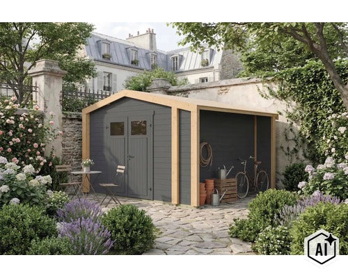 Gartenhaus mit integriertem Schleppdach aus Holz mit grauen Wandelementen und naturbelassenen Pfosten in einem gepflegten Garten. (Image AI modified or generated)