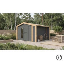 Modernes Gartenhaus aus Holz mit Satteldach und angebautem Schleppdach in einem gepflegten Garten mit Terrasse. (Image AI modified or generated)