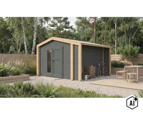 Modernes Gartenhaus aus Holz mit Satteldach und angebautem Schleppdach in einem gepflegten Garten mit Terrasse. (Image AI modified or generated)
