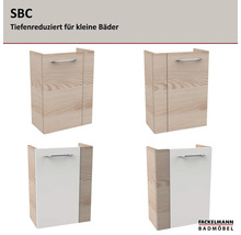 Fackelmann Waschbeckenunterschrank SBC, tiefenreduziert für kleine Bäder, in Holzoptik und Weiß, wandhängend. Fackelmann Badmöbel Logo.