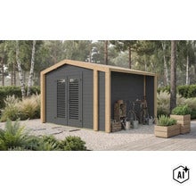 Modernes Gartenhaus aus Holz mit Doppeltür und integriertem Schleppdach in einem Garten mit Kiesweg und Pflanzen. (Image AI modified or generated)
