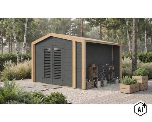 Modernes Gartenhaus aus Holz mit Doppeltür und integriertem Schleppdach in einem Garten mit Kiesweg und Pflanzen. (Image AI modified or generated)
