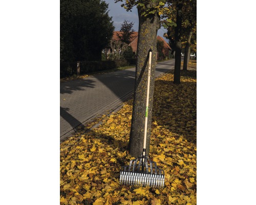 Eine Laubharke mit Holzstiel lehnt an einem Baum inmitten von Herbstlaub.