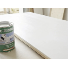 Eine Dose Hornbach Vorstreichfarbe neben einer Holzplatte, die mit einer weißen Grundierung gestrichen wurde.