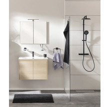 Modernes Badezimmer mit hellem Waschtischunterschrank in Holzoptik, Spiegelschrank, schwarzer Armatur und Duschsystem hinter einer Glaswand.