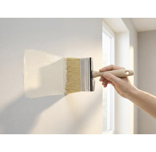 Eine Hand trägt mit einem breiten Flächenstreicher weiße Wandfarbe auf eine Wand auf.