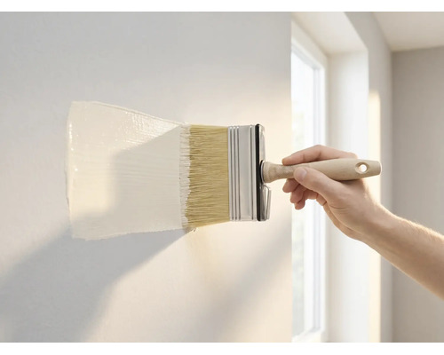Eine Hand trägt mit einem breiten Flächenstreicher weiße Wandfarbe auf eine Wand auf.