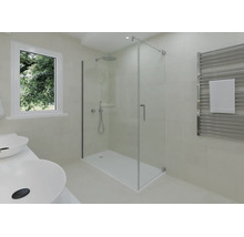 Modernes Badezimmer mit Glas-Duschkabine, flacher Duschwanne, Doppelwaschbecken und Handtuchheizkörper. Hell und geräumig gestaltet.