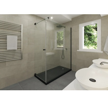 Modernes Badezimmer mit einer gläsernen Duschkabine und einer dunklen Duschwanne, einem Handtuchheizkörper sowie einem Doppelwaschtisch.