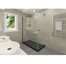 Modernes Badezimmer mit Glas-Walk-In-Dusche, schwarzer Duschwanne, Doppelwaschbecken, Handtuchheizkörper und beigefarbenen Wandfliesen.