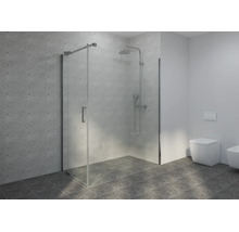 Modernes Badezimmer mit Glas-Duschkabine, verchromten Armaturen, grauen Fliesen in Steinoptik, Wand-Toilette und Bidet.