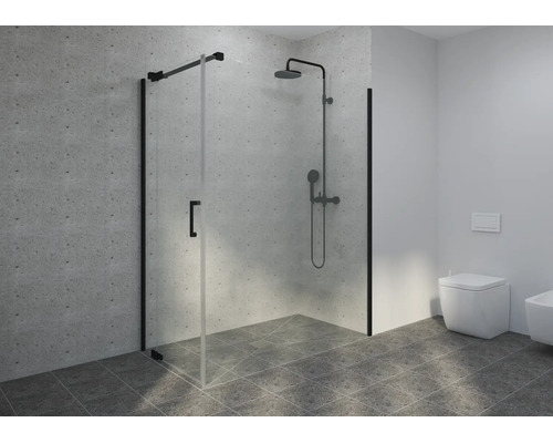 Modernes Badezimmer mit ebenerdiger Dusche, Glaswand mit schwarzen Profilen, schwarzer Duscharmatur, Fliesen in Betonoptik und Wand-Toilette.