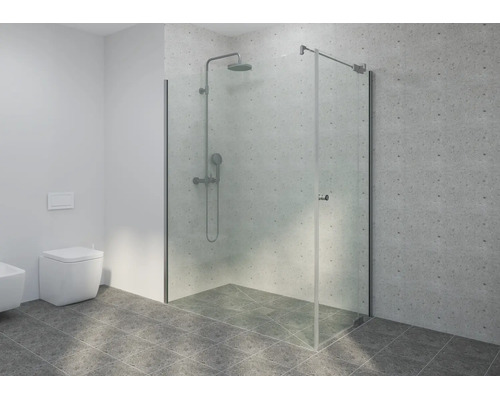 Modernes Badezimmer mit Glasdusche, verchromtem Duschsystem, grauen Fliesen in Terrazzo-Optik und wandhängendem WC.
