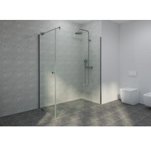 Moderne bodenebene Dusche mit rahmenloser Glasfront, Metall-Duschsystem und Fliesen in Betonoptik.