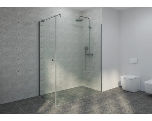 Moderne Walk-in-Dusche mit Glaswand, Duschsystem und wandhängendem WC in einem hellen Badezimmer mit Fliesen in Betonoptik.