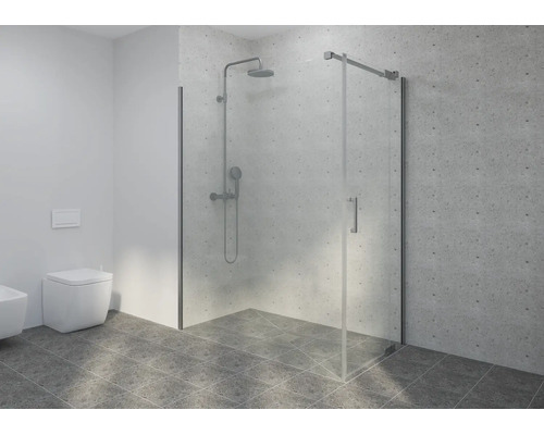 Modernes Badezimmer mit einer begehbaren Dusche, einer Glastrennwand, einem Duschsystem in Chromoptik sowie grau gefliesten Wänden und Boden.