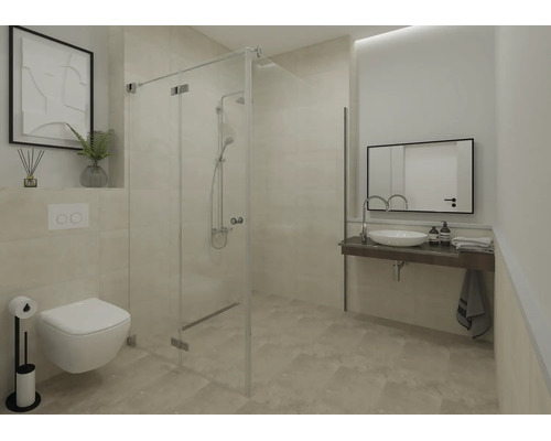 Modernes helles Badezimmer mit Glasdusche, wandhängender Toilette und Aufsatzwaschbecken auf einer dunklen Konsole unter einem Spiegel.